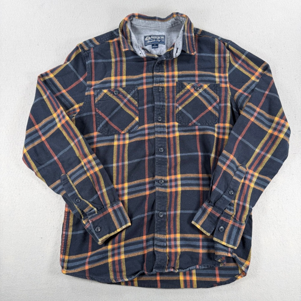 Y2k American Rag Mens Plaid Flannel Button Down Shirt Navy Orange Yellow Size M